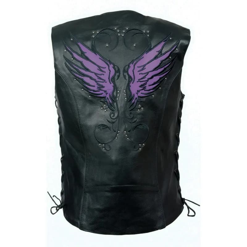 Women's Black Leather Side Lace Motorcycle Rider Vest-Reflective and Studded Purple — image 1 of 1