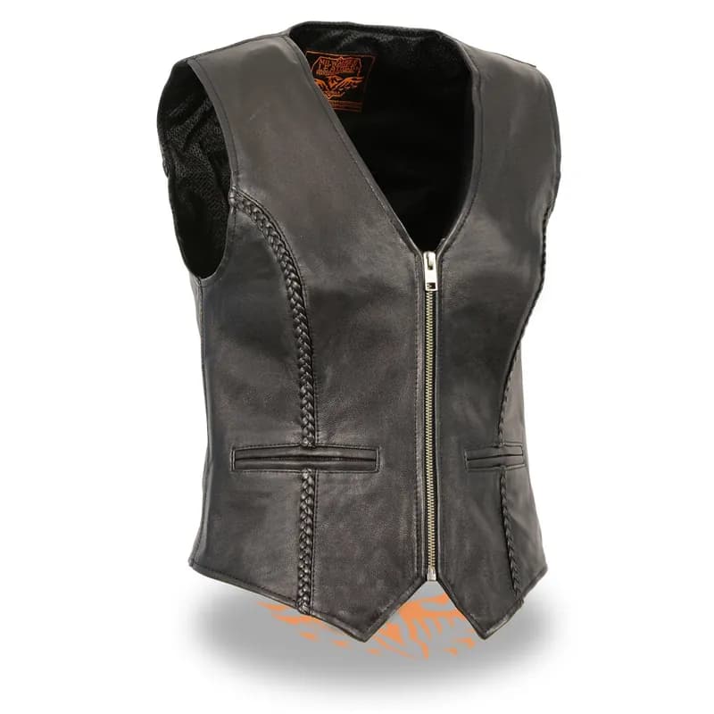 Women's Black Premium Leather Classic Braided Deep V-Neck Motorcycle Rider Vest — image 1 of 1