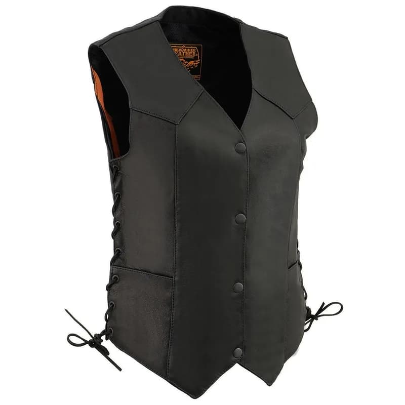 Women's Black Premium Leather Lightweight V-Neck Motorcycle Rider Vest w/ Side Laces — image 1 of 1