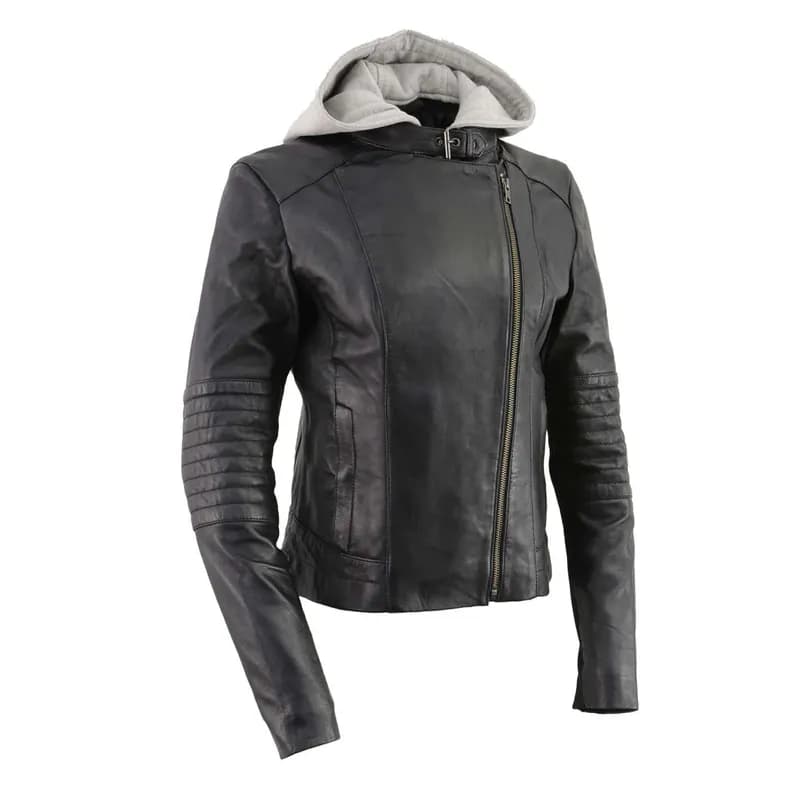Women's Black Premium Leather Motorcycle Biker Racer Style Scuba Jacket w/ Hoodie — image 1 of 1
