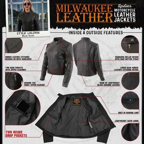 Women's Black Premium Leather Scuba Style Biker Jacket w/ Mandarin Collar — image 1 of 1