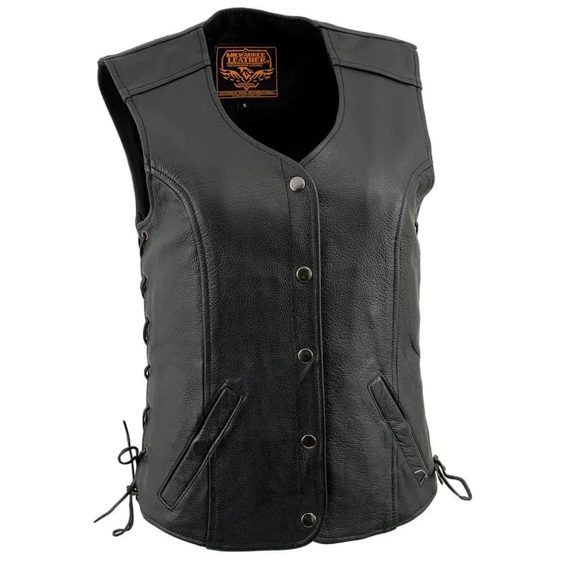 Women's Black Premium Leather Side Laced Motorcycle Biker Riders Vest w/ Snap Closure — image 1 of 1