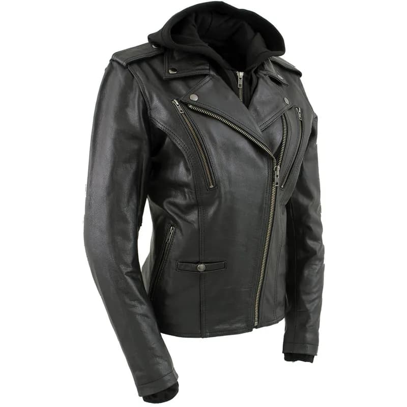 Women's Black Premium Leather Vented Motorcycle Biker Jacket w/ Hoodie — image 1 of 1