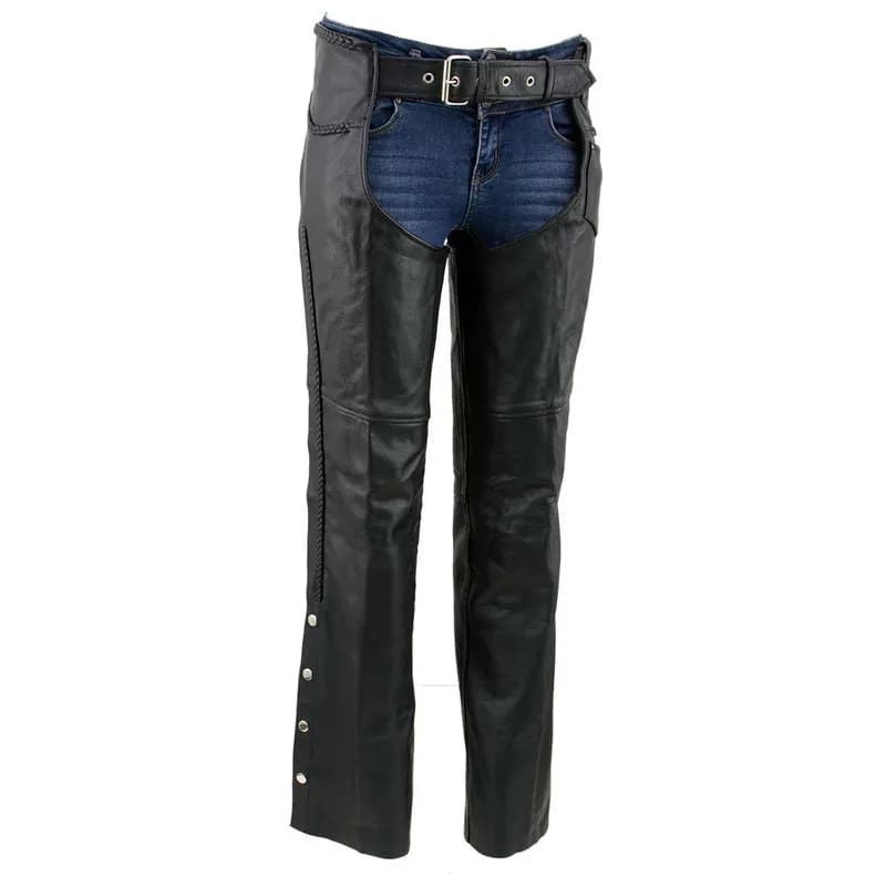 Women's Braided Black Premium Leather Motorcycle Rider Chaps — image 1 of 1