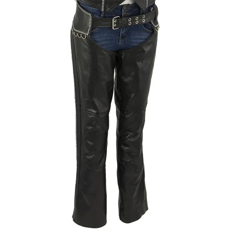 Women's Classic Black Leather Motorcycle Biker Rider Chaps w/ Bling Detail — image 1 of 1