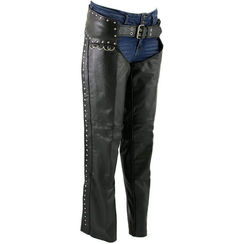 Women's Classic Black Leather Motorcycle Biker Rider Chaps w/ Rivet Detail — image 1 of 1