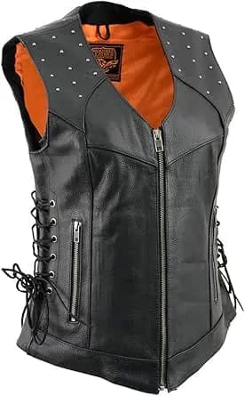 Women's Classic Black Leather V-Neck Riveted Motorcycle Rider Vest with Side Lace — image 1 of 1