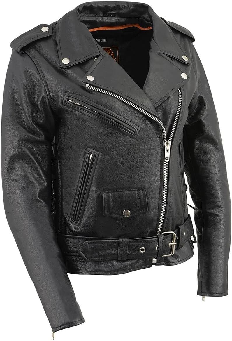 Women's Classic Black Premium Leather Motorcycle Vintage Jacket with Side Laces — image 1 of 1