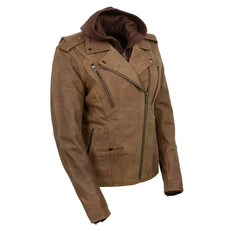 Women's 'Damsel' Vintage Crazy Horse Brown Leather Jacket w/ Removable Hoodie — image 1 of 1