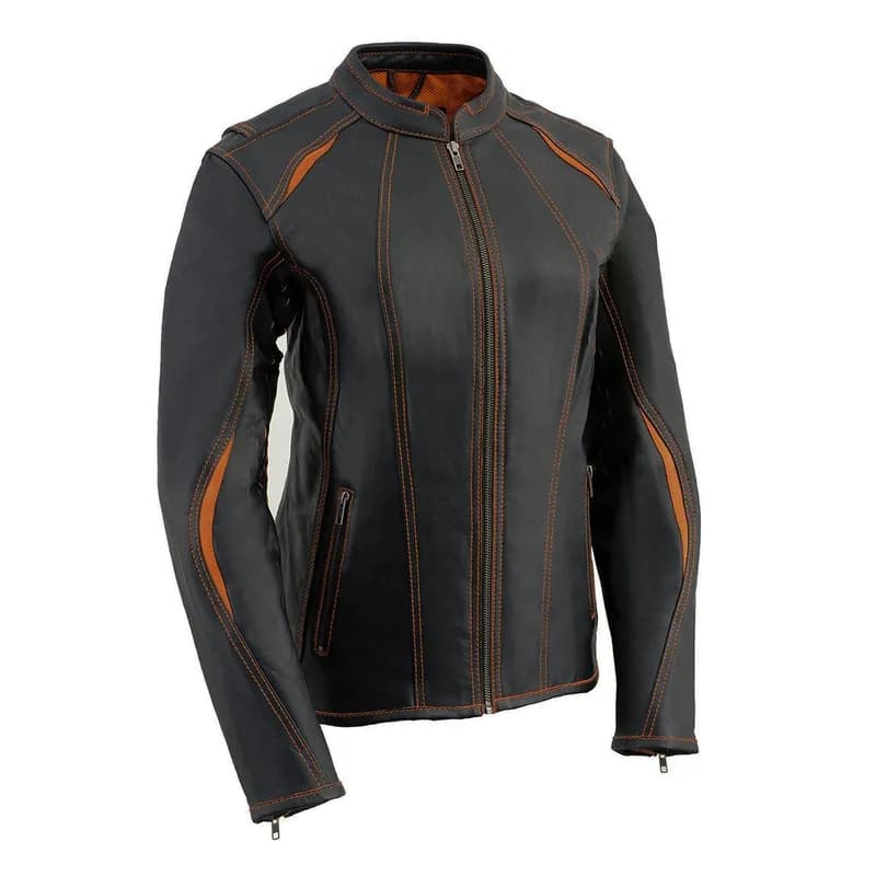 Women's 'Laser Cut' Distressed Black and Orange Scuba Style Racer Jacket — image 1 of 1