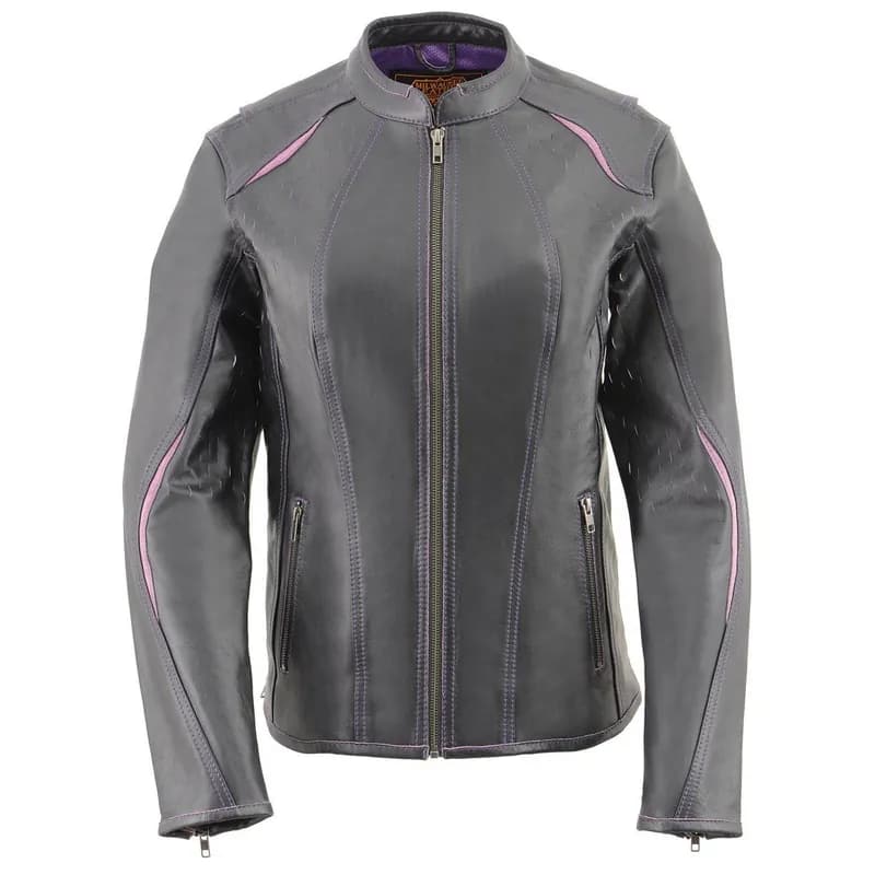 Women's 'Laser Cut' Distressed Black and Purple Scuba Style Racer Jacket — image 1 of 1