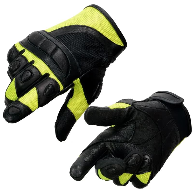 Women's Padded Black Leather and Neon Green Mesh Racing Motorcycle Rider Gloves — image 1 of 1