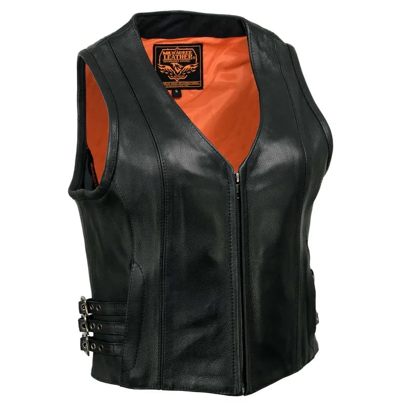 Women's Premium Black Leather Motorcycle Rider Vest w/ Adjustable Side Buckle — image 1 of 1
