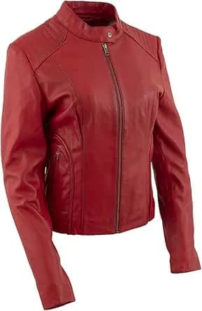 Women's Red Premium Leather Scuba Style Biker Jacket w/ Mandarin Collar — image 1 of 1