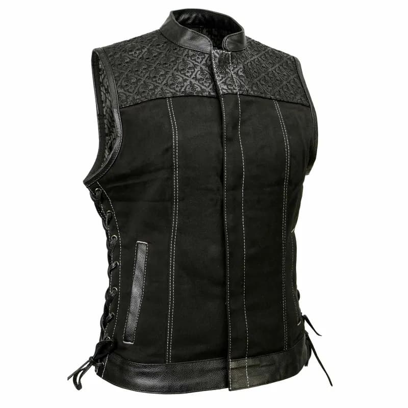 Women's 'Skelly' Black with White Motorcycle Denim Vest w/ Skull Embroidery — image 1 of 1