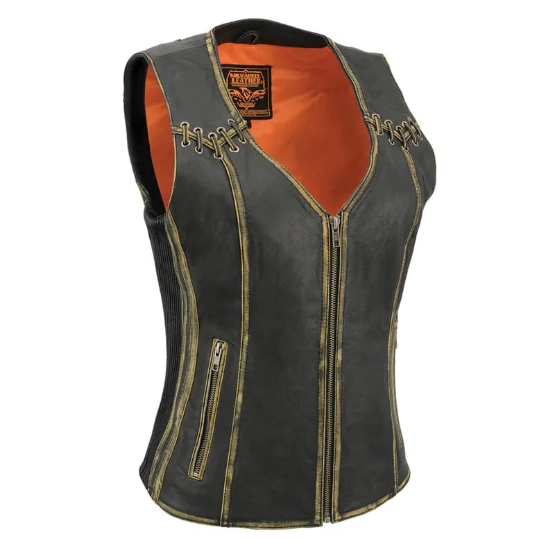 Women's Stretch Side Panel Distress Brown Leather Motorcycle Rider Vest w/ Lacing — image 1 of 1