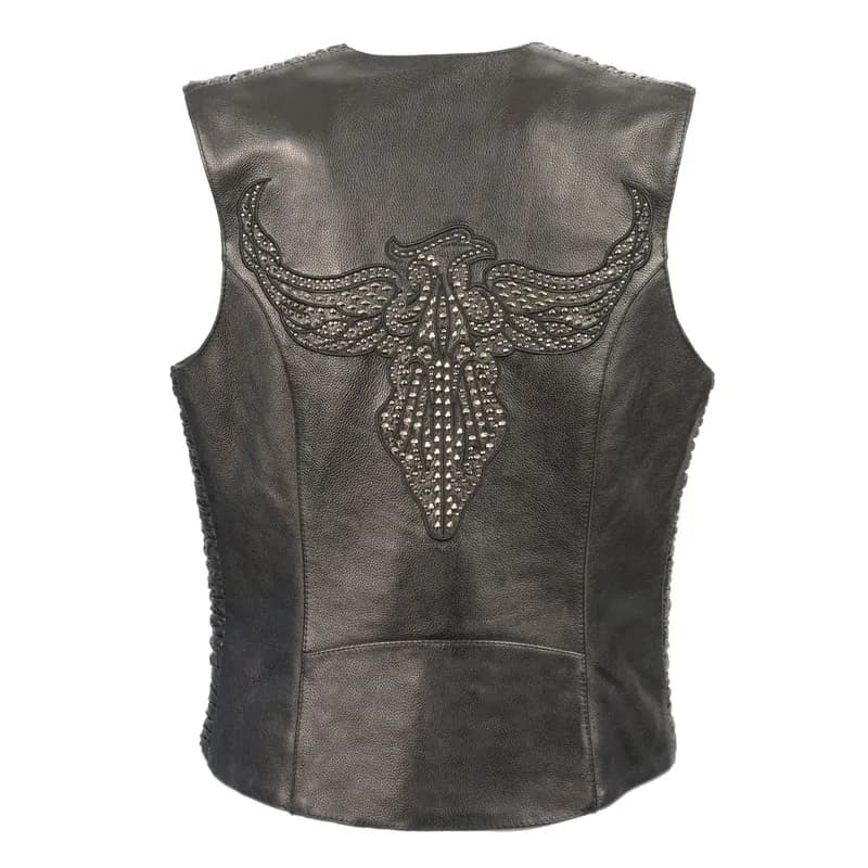Women's Studded Phoenix Black/Fuchsia Leather Motorcycle Vest w/ Embroidery Art — image 1 of 1