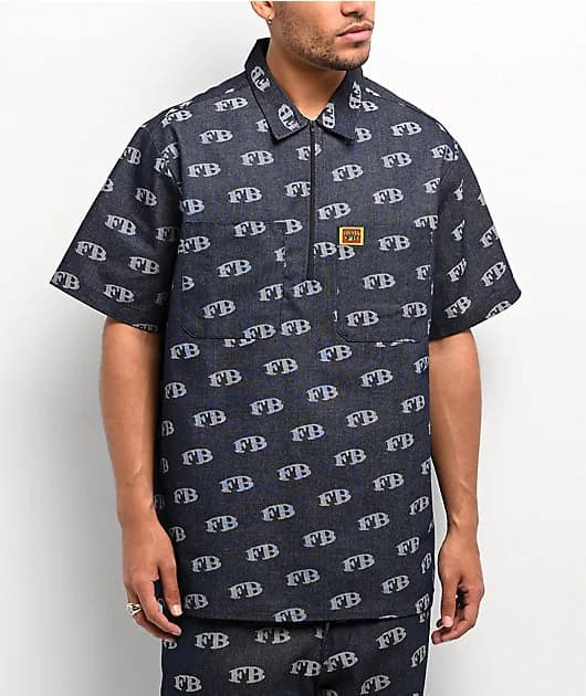 All Over Print Blue Half Zip Short Sleeve Shirt — image 1 of 1