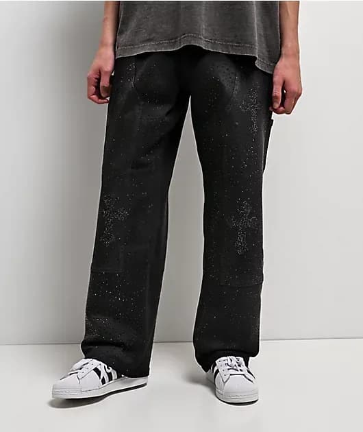 Cross Rhinestone Double Knee Black Carpenter Jeans — image 1 of 1