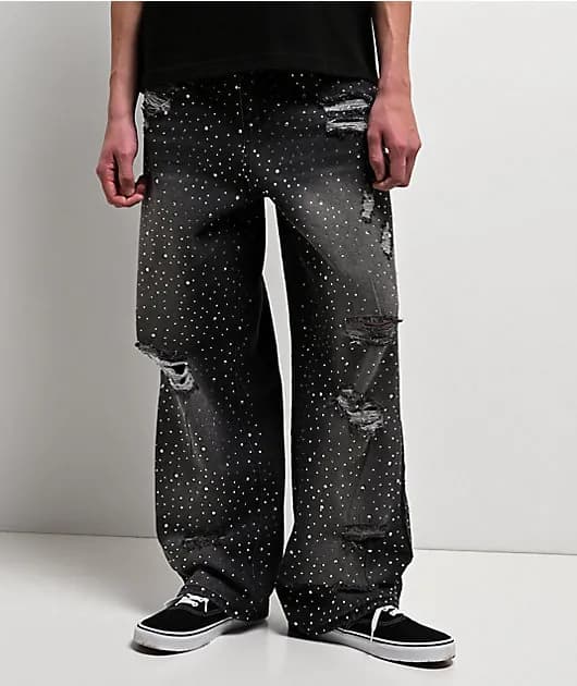 Distressed Rhinestone Grey Wash Jeans — image 1 of 1