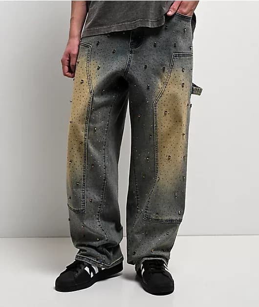 Rhinestone Double Knee Blue Wash Carpenter Jeans — image 1 of 1