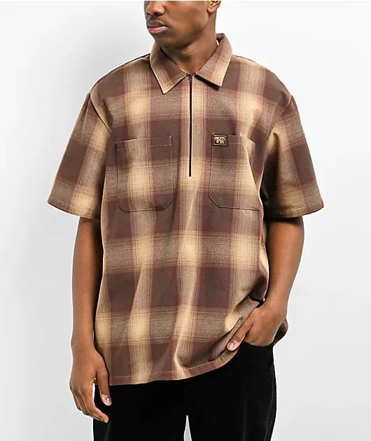 Brown Checker Zip Short Sleeve Shirt — image 1 of 1
