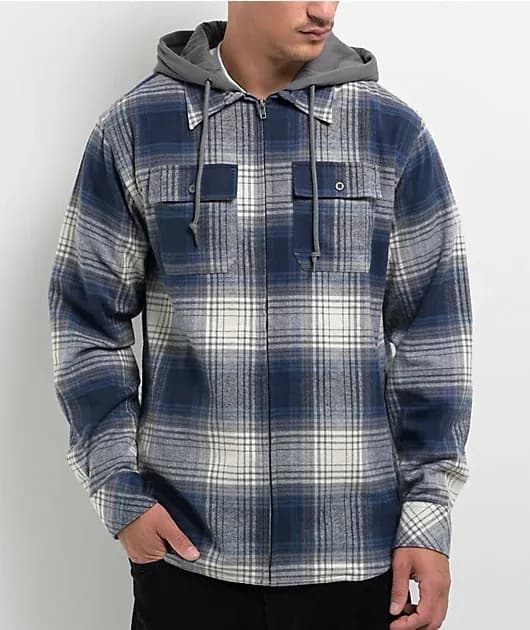 Browser Navy White Plaid Hooded Zip Flannel Shirt — image 1 of 1