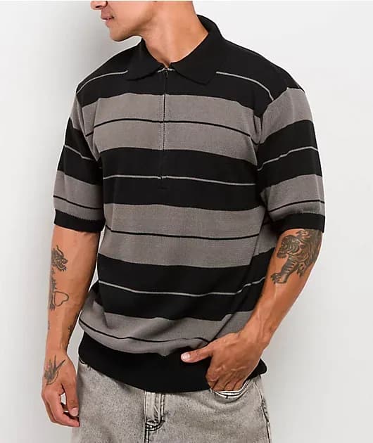 Charlie Browns Black Grey Stripe Quarter Zip Knit Shirt — image 1 of 1