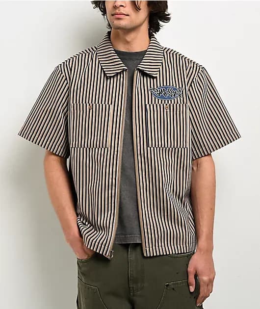 Charlie Stripe Sand Navy Zip Work Shirt — image 1 of 1