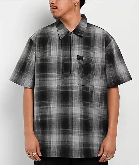 Checker Black Grey Half Zip Short Sleeve Shirt — image 1 of 1