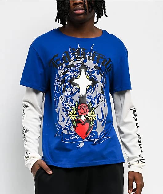 Cross Heart French Blue White 2fer Long Sleeve T-Shirt — image 1 of 1