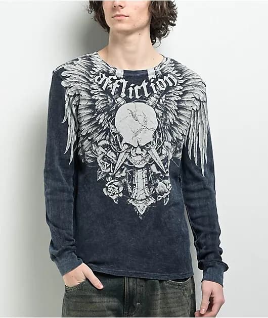 Crossed Over Dark Navy Wash Thermal Long Sleeve T-Shirt — image 1 of 1