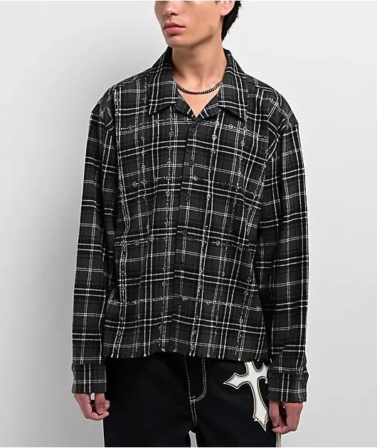 Crosses and Rhinestones Grey Boxy Long Sleeve Flannel Shirt — image 1 of 1