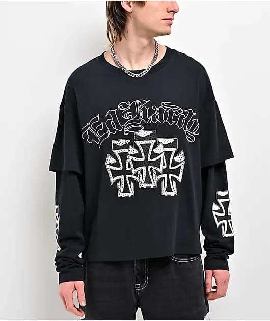 Crosses Rhinestone Black 2fer Long Sleeve T-Shirt — image 1 of 1