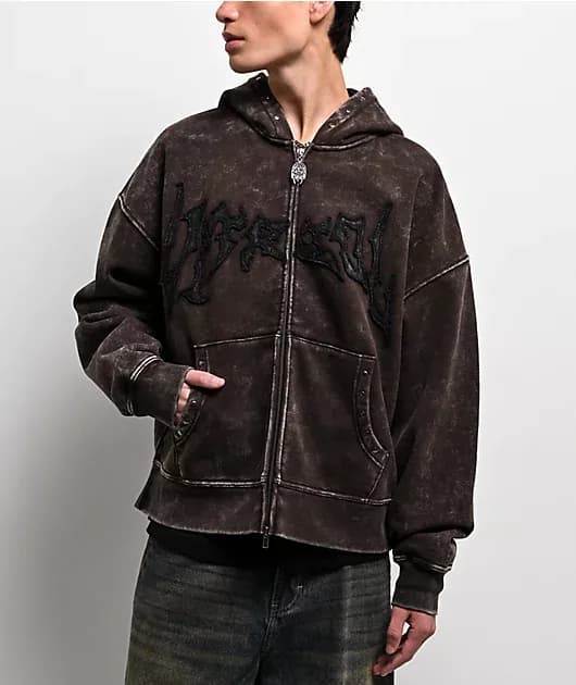 Death Grip Brown Wash Crop Zip Hoodie — image 1 of 1
