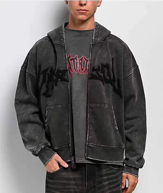 Death Grip Grey Wash Crop Zip Hoodie — image 1 of 1