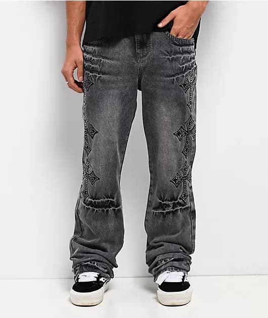 Defender Crosses Grey Fade Flare Jeans — image 1 of 1