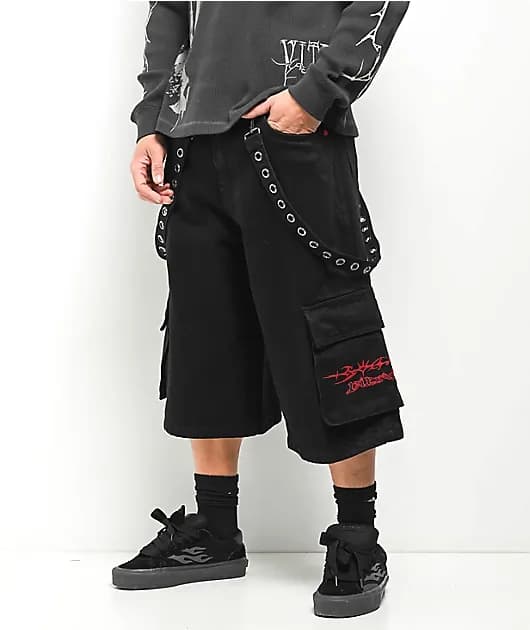 Drained Ultra Wide Strap Cargo Black Shorts — image 1 of 1