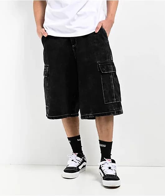 Easy Now Cargo Ultra Loose Black Denim Skate Shorts — image 1 of 1