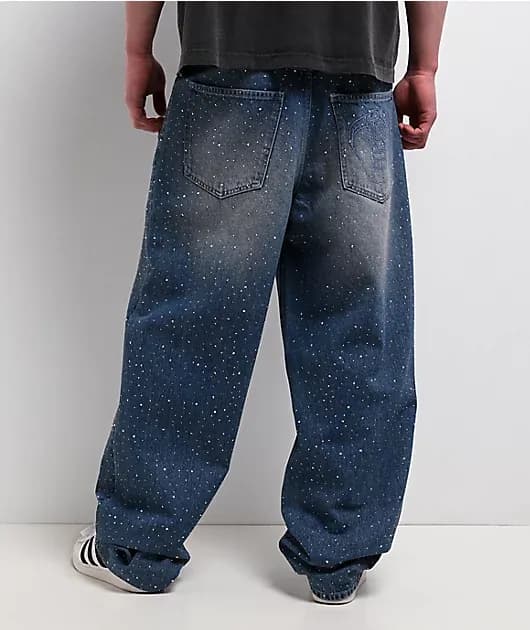 Enamored Rhinestone Blue Wash Loose Fit Jeans — image 1 of 1
