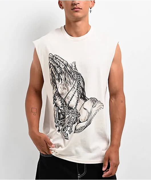 Famous Stars Straps Praying Hands Beige Tank Top — image 1 of 1