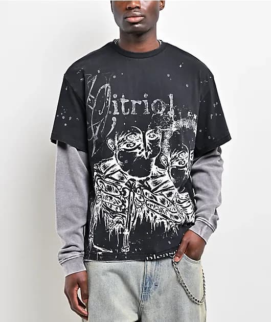 Feral Friends Black Wash Grey 2fer Long Sleeve T-Shirt — image 1 of 1