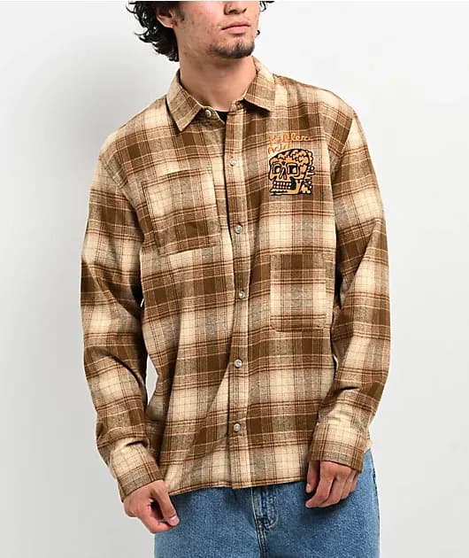 Skully Brown Plaid Long Sleeve Button Up Shirt — image 1 of 1