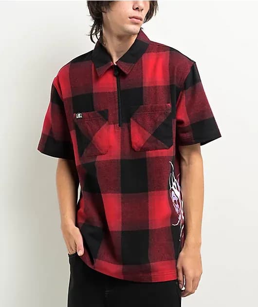 Flannel Red Black Quarter Zip Work Shirt — image 1 of 1