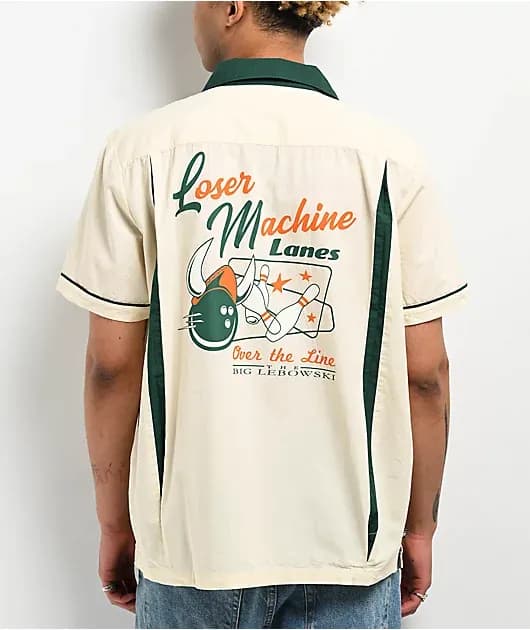 Loser Machine The Big Lebowski Over The Line Bone Green Bowling Shirt — image 1 of 1