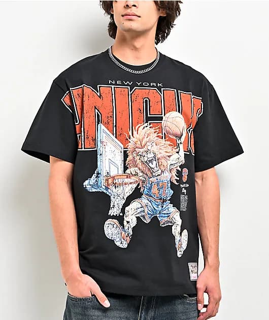 Mitchell Ness NY Knicks Wild Art Black T-Shirt — image 1 of 1