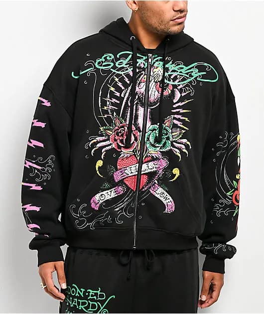 Panther Rose Rhinestone Black Zip Hoodie — image 1 of 1