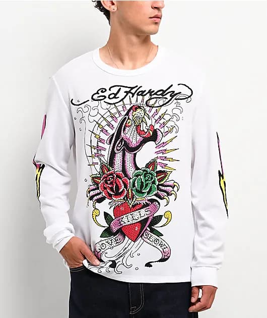 Panther Rose Rhinestone White Thermal Long Sleeve T-Shirt — image 1 of 1