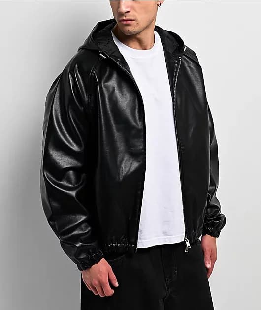 Patent Leather Black Hooded Bomber Jacket — image 1 of 1