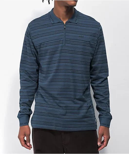 Quimby Blue Black Striped Long Sleeve Polo Shirt — image 1 of 1
